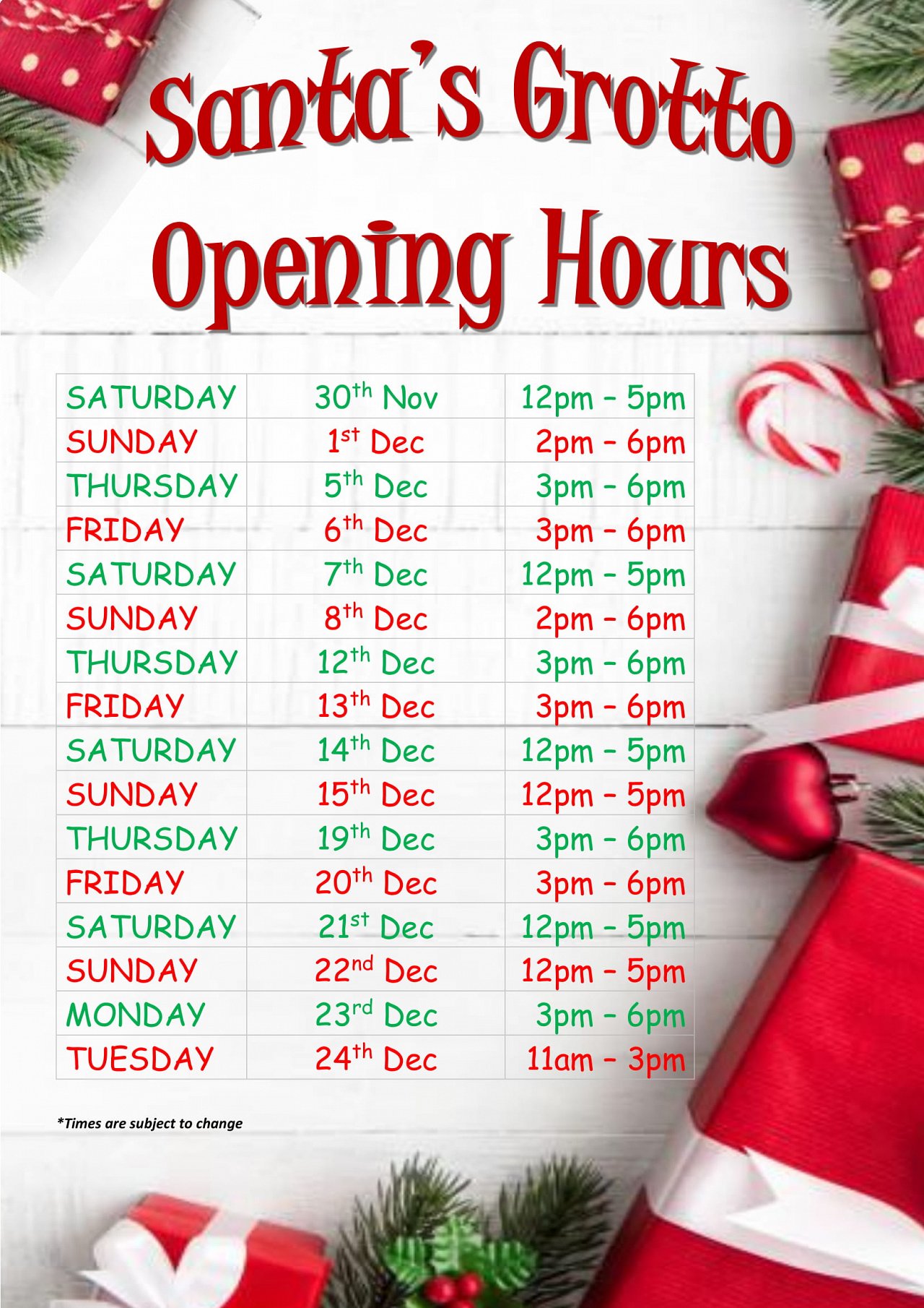 SANTA GROTTO OPENING HOURS